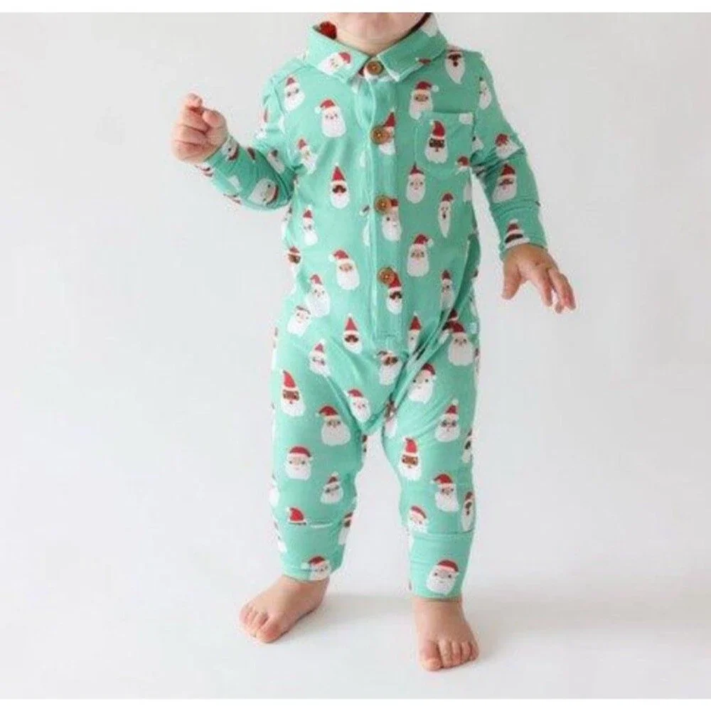 Posh Peanut Size 9-12 Months Santa Medley Long Sleeve Collared Romper Christmas
